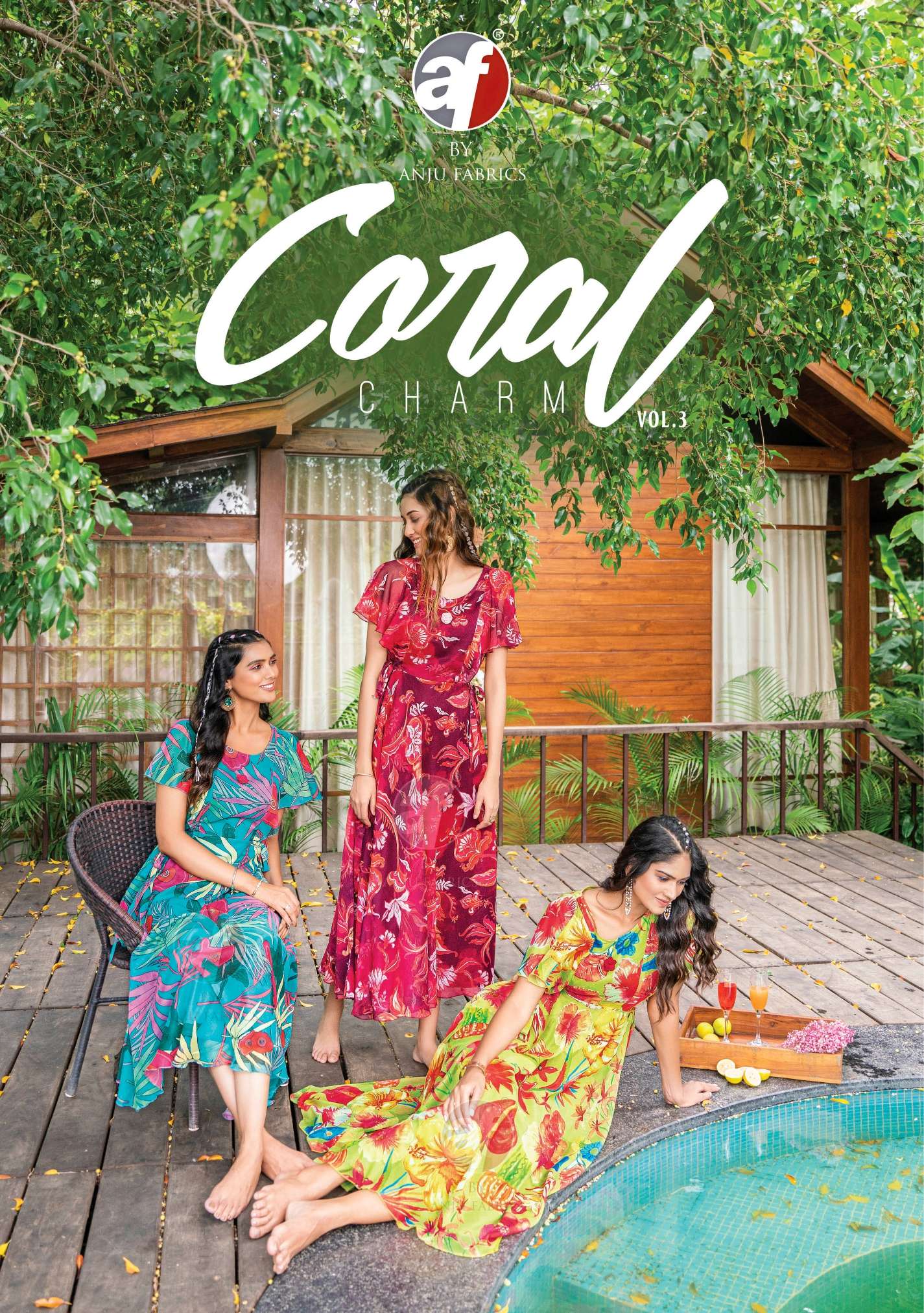 CORAL CHARM VOL 3  PRINTED VISCOSE PREMIUM CHIFFON DESIGNER KURTI WITH  FANCY BROOCH BY AF BRAND POSTER
